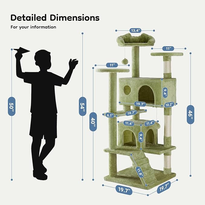 DUMOS 54-inch Cat Tree Tower with Scratching Posts, Indoor Use | Multi-Level Pet House for Large Cats with 2 Condos, Round Platform, Small Ladder and Toys, Green - Image 7