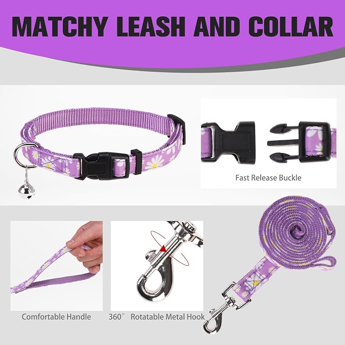 Small Dog Harness and Leash Set - Cute Spring Puppy Harness Leash Dog Collar with AirTag Holder Silicone Case, Soft Padded Step in Pet Vest Reflective for Outdoor Walking, Purple Daisy M - Image 8