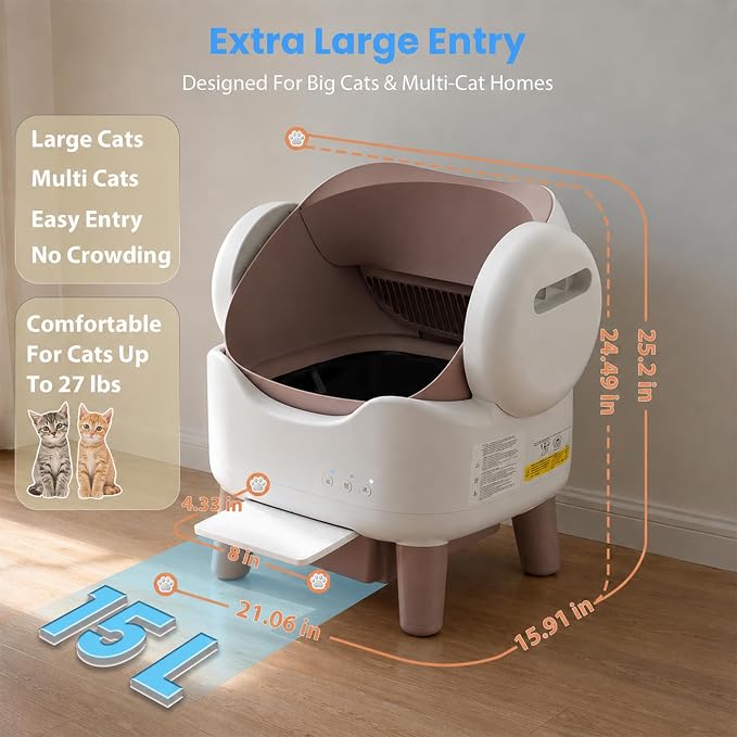 RPZ Automatic Cat Litter Box with APP Control, Open-top Design, 360° Safety Sensors, Self Cleaning Cat Litter Box for Multiple Cats, Litter Mat & 2 Rolls Refill Bags Included - Image 3