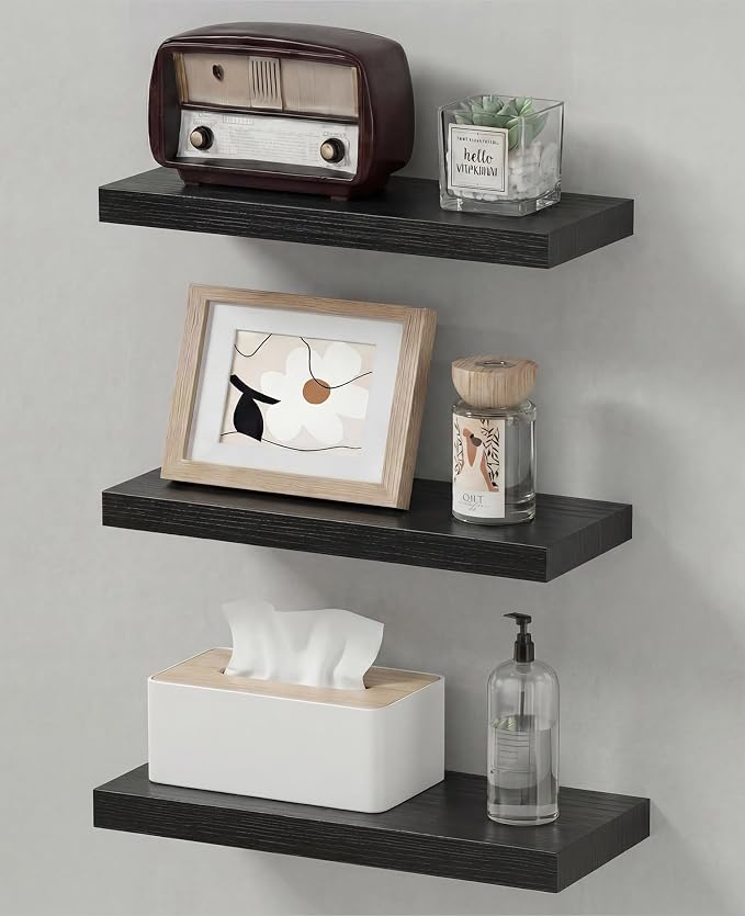 Easy Install Floating Shelves, Wall Mounted Wood Shelf,15.7 Inch | Hanging Shelf for Home Decor, Books and Storage, Small Organizer for Bedroom, Bathroom, Kitchen,Easy Floating Shelves ,Black by Unknown