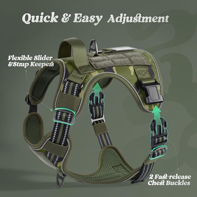 rabbitgoo Tactical Dog Harness for Large Dogs, No Pull Service Pet Vest | Military Molle System & Easy Control Handle, Adjustable and Reflective for Walking and Training, Green Camo, Large - Image 2