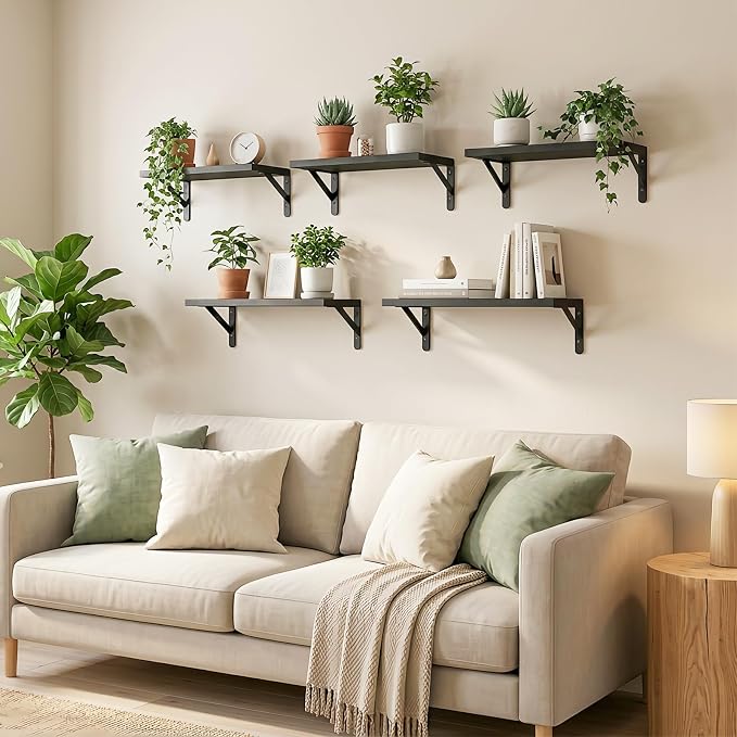Fixwal Wall Floating Shelves for Home Decor (Black, Set of 5, 16.5 Inch) | Wood Shelves, Natural Grain, 40Lb Capacity, Sturdy Triangle Brackets, Versatile for Any Room - Image 2