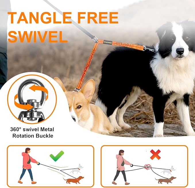 MingXpet 2 Dog Leash, Dog Leash for 2 Dogs, 360° Swivel No Tangle Double Walking Training Leashes for Large Dogs that Pull, Comfortable Shock Absorbing Reflective Bungee, Orange - Image 4