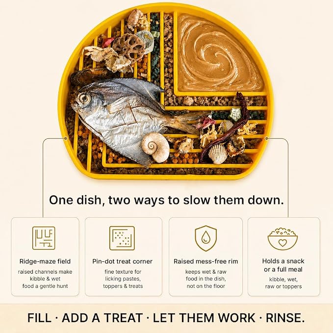 Snack Dish Slow Feeder Bowl for Dogs & Cats – Dual Pattern Design with Treat Corner, Mess-Free Feeding, Dishwasher Safe | Kubi Pets - Image 6