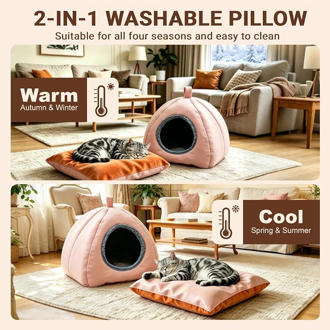 Cat Caves for Indoor Cats, Pink Cat Cave House for Kittens and Small Dogs | 2 in 1 Design, Removable Washable Cushioned Pillow, Foldable Kitten Hideaway, All Year Around Available - Image 4