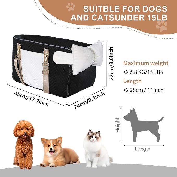 Dog Car Seat for Small Dogs Adjustable Portable Center Console Dog Car Seat Removable Cat Booster Cars Seats - Safety Belt with Cushion Anti-Collapse for Puppy Kitten Up to 15 Lbs (Black) - Image 3
