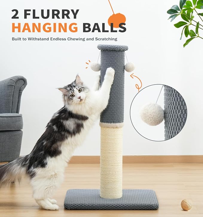 Made4Pets Tall Cat Scratching Post with Sisal & Carpet for Indoor Cats, 33" | Cat Scratcher with Wide Stable Base, Interactive Hanging Toys, Ideal for Adult Cats, Large Breeds and Full-Body Stretching - Image 8