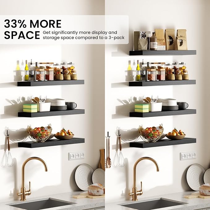 BAYKA Black Floating Shelves 15.7in, Set of 4, Wall Mount Rustic Wood Shelf | Easy Install, 22lbs Max Load, Hidden Bracket, Hanging Shelf for Books/Storage/Room Decor, Multi-Wall Compatible - Image 7