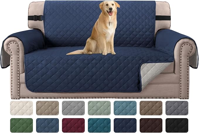 H.VERSAILTEX Reversible Loveseat Cover Couch Cover for 2 Cushion Couch Water Resistant Furniture Protector for Pets Durable Loveseat Slipcover with Non Slip Elastic Strap(Loveseat, Navy/Beige) by HVERSAILTEX
