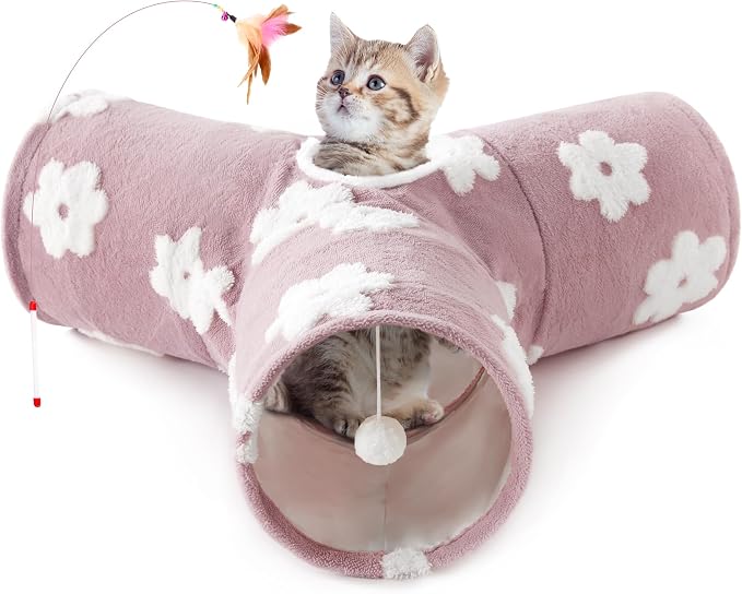 Tempcore Flannel Cat Tunnel for Indoor Cats, 3 Way Collapsible Pet Play Tunnel with Teaser Wand, Peek Holes & Hanging Ball, Interactive Tube for Kittens & Rabbits, Daisy Burlwood by Tempcore