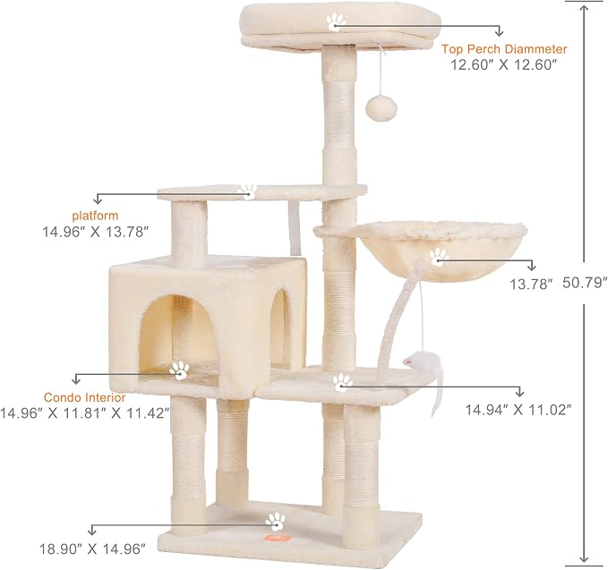 Heybly Cat Tree with Toy, 43.3 inch Cat Tower for Indoor Cats HCT004M | Cat Condo with Durable Sisal Scratching Posts, Cat House with Padded Plush Perch, Cozy Hammock, Beige - Image 3