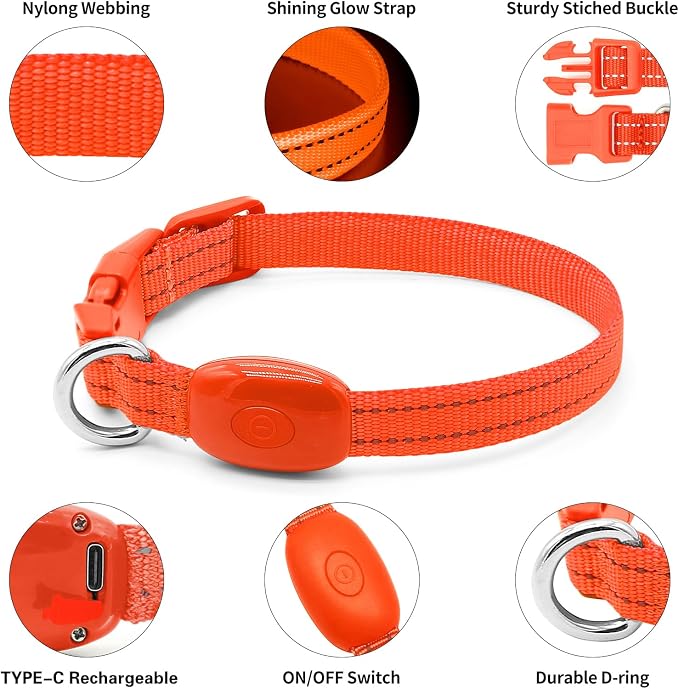 Light Up Dog Collar - Rechargeable LED Dog Collar, Adjustable Reflective Puppy Collar, Glowing Safety Dog Lights for Small Breeds Dogs Cats (Orange) - Image 3