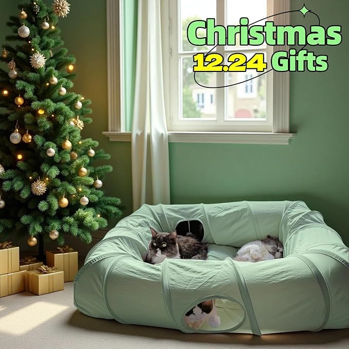 XxingSheep 4 Ways Shuttled XL Cat Tunnel Bed for Indoor Cats Peekaboo Cat Cave Donut with Cool Mat (Green) - Image 2