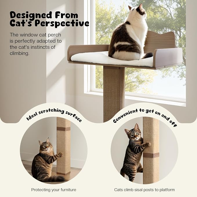 Cat Window Perch with Thick Sisal Scratching Post, Cats Hammock for Window with 3 Upgrade Suction Cups, 55" Adjustable Tall Cat Scratching Post with Large Perch, Cats Window Bed with Fluffy Cushion - Image 2