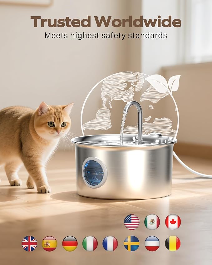 Pet Water Fountain Stainless Steel: Mental Cat Water Fountains with 8 Filters + 8 Sponges - 88oz/2.6L Noiseless Cats Waterer Bowl Dispenser - ATMZIQXR Kitten Drinking Fountains for Cats Indoor - Image 9