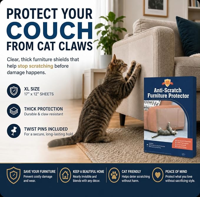 Cat Scratch Furniture Protector - 18 Pack XL | 17" x 12" Sheets, Sofa Guard, Claw-Deterrent Pet Coverage, Self-Adhesive with 50 Twist Pins, Cuttable to Fit - Image 6