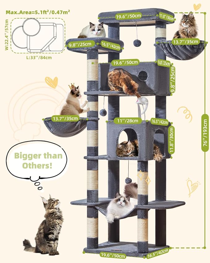 Taoqimiao 76in Cat Tree, Tall Sturdy Cat Tower for Large Indoor Cats MS046G | Easy assembly, Sturdy, Multi Level, Easy Clean, Cozy Condo, Perches, Baskets, Suitable for Kittens and Adult Cats - Image 2