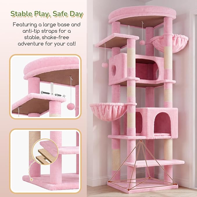 Globlazer 74in Pink Heavy Duty Cat Tree Tower for Indoor Large Cats, S74 | Sturdy Cute Cat Tower with 7 Scratching Posts, 2 Widened Padded Condos for Big Cats, Dual-Ear Baskets, Enlarged Perch, Pink - Image 5
