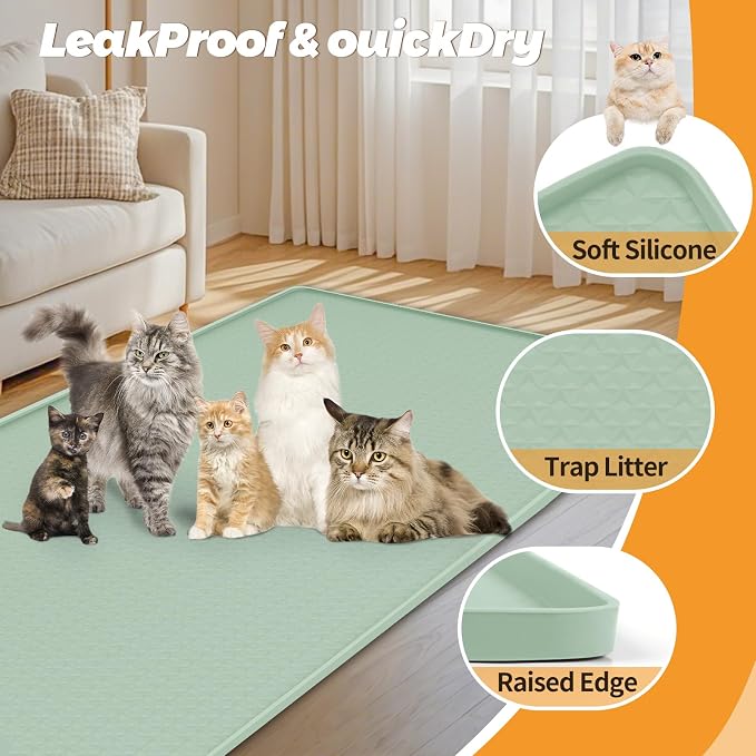 Cat Litter Mat for Litter Box 51"x25.6" Extra Large Silicone Mat, Green | Waterproof Non-Slip Litter Box Mat with Raised Edges, Cat Litter Trapping Mat for Pet, Cat Litter Rug for Floor - Image 3