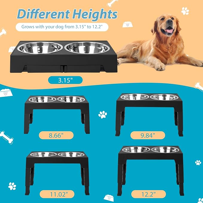 Niubya Elevated Dog Bowls with 2 Stainless Steel Dog Food Bowls, Raised Dog Bowl Adjusts to 5 Heights (3.15", 8.66", 9.84",11.02", 12.2") for Small Medium and Large Dogs - Image 2