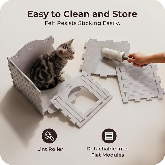 Cat Bed Cave for Indoor Cats: New Felt Cat Bed with Fluffy Ball, Foldable Cat House with Scratch-Resistant Board, Hideaway Cat Cave for Timid Cats, Sturdy Two-Tier Cat Condo & Cat Houses - Image 5