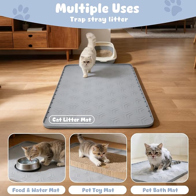 Cat Litter Box Mat, 40"*28" Large Silicone Cat Litter Trapping Mat | Non-Slip Gray Kitty Litter Mat for Indoor Cats, Waterproof Pet Food Mats Easy to Clean & Soft on Kitty Paws - Image 5