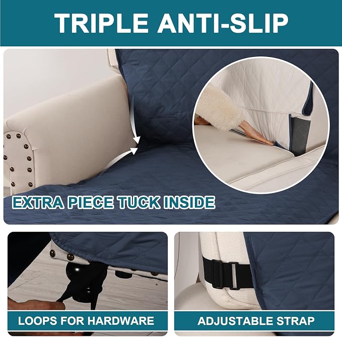 Turquoize 100% Waterproof Sofa Covers Chaise Lounge L Shape Sofa Protector Slip Cover Triple Non-Slip Sofa Slipcover for Chaise Sectional Couch Cover for Pets, Kids (Chaise, Navy) - Image 4