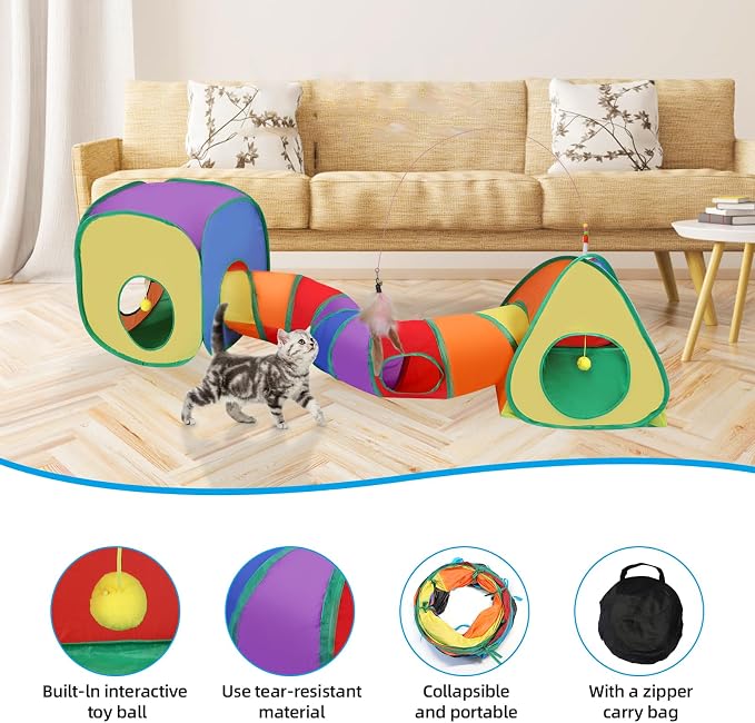 Cat Tunnels for Indoor Cats with Tent Cube and Feather Toy Collapsible Combo, Pop Up Cat Play Tunnel with Interactive Cat Toy Ball for Kitten, Ferret, Puppy, Guinea Pig, Rabbit, Bunny, Multicolour - Image 3