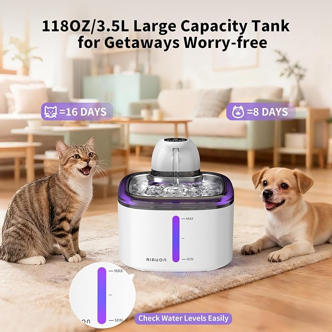Cat Water Fountain Cordless 118oz/3.5L Wireless & Battery Operated Pet Water Fountain for Indoor Cats, Stainless Steel Tray with Sensor & Timer Modes, Ultra-Quiet, BPA-Free (Cat Fountain+8Filters) - Image 2
