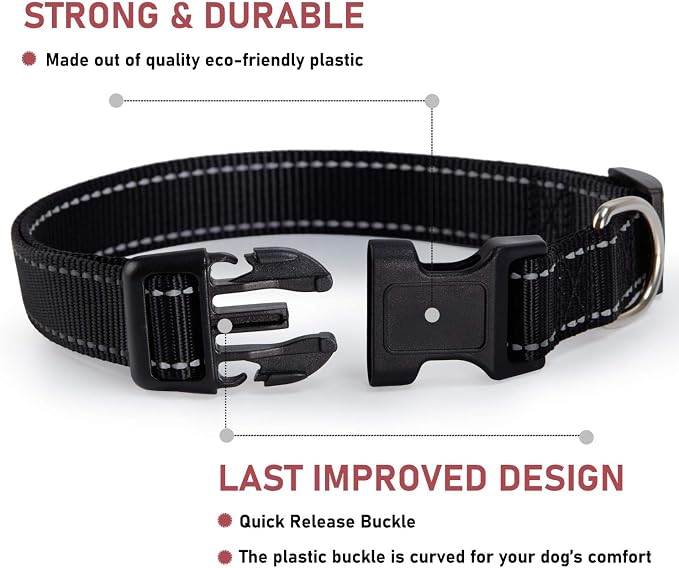 Reflective Dog Collar with Buckle Adjustable Safety Nylon Collars for Small Medium Large Dogs, Black XL | Breathable, No Chafing on Walks and Outdoor Hikes, Metal D-Ring, Night Safety - Image 2