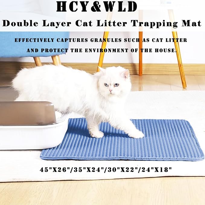 HCY&WLD Cat Litter Mat, Double Layer Cat Litter Box Mat (24x18 Inch, Blue) | Waterproof Urine-Proof Non-Slip Litter Trapping Mat, Soft on Kitty Paws, Scratch-Resistant, Scatter Control, Easy to Clean - Image 2