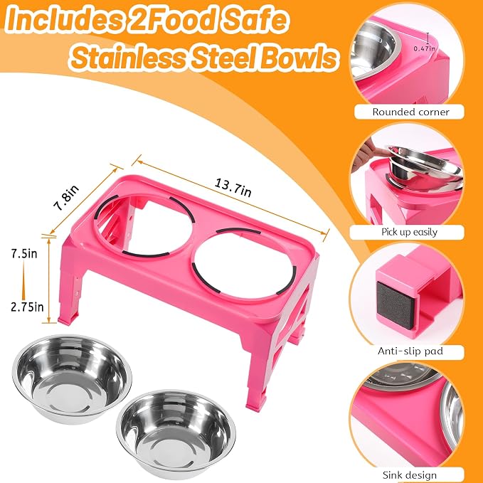 Hubulk Elevated Dog Bowls with 2 Stainless Steel Dog Food & Water Raised Bowls with No Spill Edge Non-Slip Stand Adjusts to 3 Heights(2.75", 6.0", 7.5") for Small Medium Dogs and Pet - Image 4