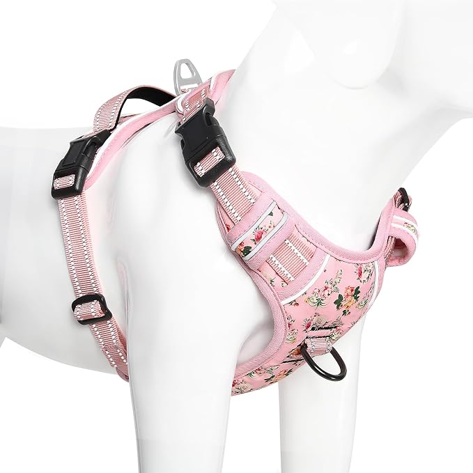 Timos Small Dog Harness, No Pull No Choke, Easy On & Off, Flower Pink, XS | Adjustable Reflective Soft Padded, Neck Quick Release with 3 Buckles, Front & Back 2 Clips and Handle for Walking Training - Image 8