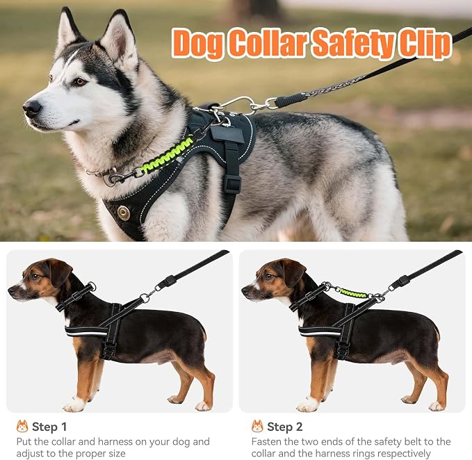 Dog Collar Safety Clip, Collar Companion, Handmade Backup Safety Strap, Double-Ended Clip Leash Connector, Suitable for Dog Harnesses, Prong, Pinch Collars (Black,Fluoro Green, 1 Pack) - Image 2