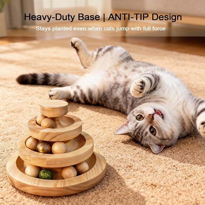 Solid Wood Cat Ball Track,Heavy Duty 3-Tier Interactive Cat Toy Tower with 9 Removable Balls,Bell & Catnip,No Assembly Required,Anti-Tip Sturdy Base for Indoor Cats, Kittens & Large Cats - Image 2