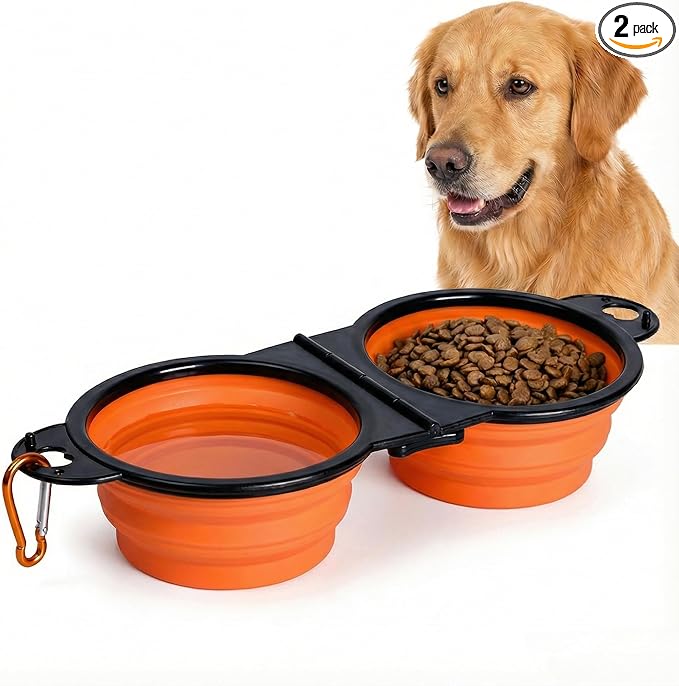 Double Collapsible Dog Bowls for Travel, Food & Water with Clip, Orange | 13.5 oz each, folds flat, carabiner clip, walking, hiking, camping, for small and medium pets by 7CAIHOME