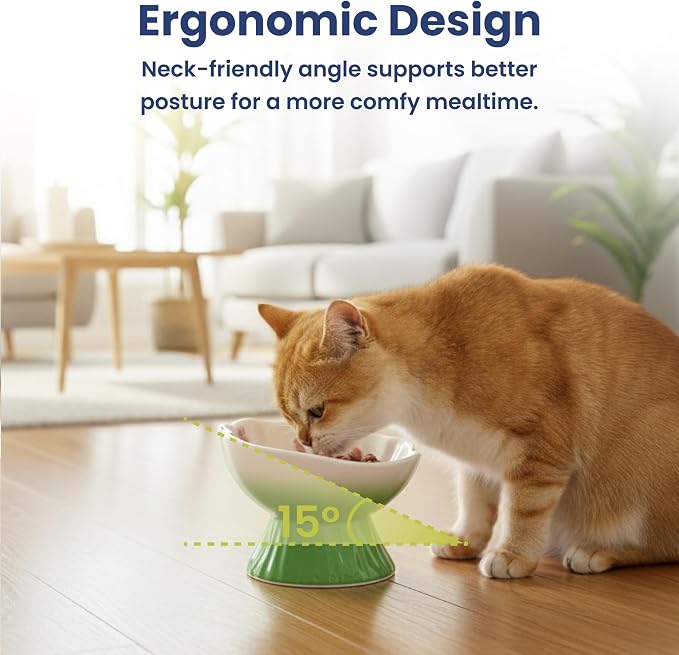 Strawberry Blooms Elevated Ceramic Cat Bowl, Green | Raised Cat Food Bowl with 15° Tilt, Whisker-Friendly Pet Feeding Bowl, Anti-Choking Dish, Dishwasher Safe - Image 2