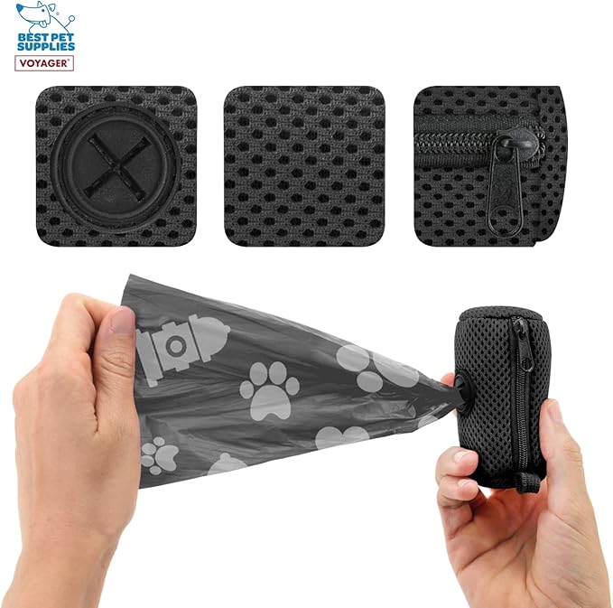 Best Pet Supplies Dog Poop Bag Holder Leash Attachment with Reusable Dispenser for Travel, Walking, Park, and Outdoor Use, Durable with Clip-On - Black, Pack of 2, Mesh Dispenser w/30 Bags - Image 2