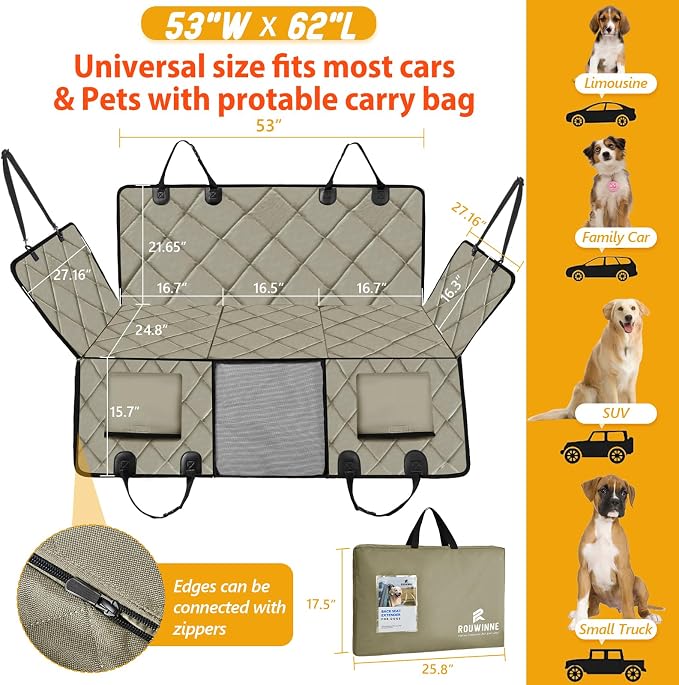 Hard Bottom Dog Car Seat Cover for Back Seat, Backseat Extender | Dog Hammock for for Cars, SUVs, Sedan, Holds 420lbs, Large Space, Sturdy Oxford, Pet Car Bed, Waterproof, Mesh Window, Khaki - Image 4