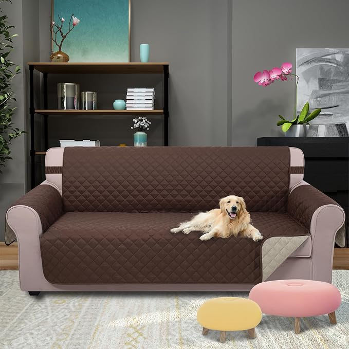 U-NICE HOME Reversible Sofa Cover Couch Cover for Dogs, Coffee/Beige | 68''Sofa Mat Washable, Pet Friendly, Elastic Straps, Water Repellent, Furniture Protector for 3 Cushion Couch - Image 2