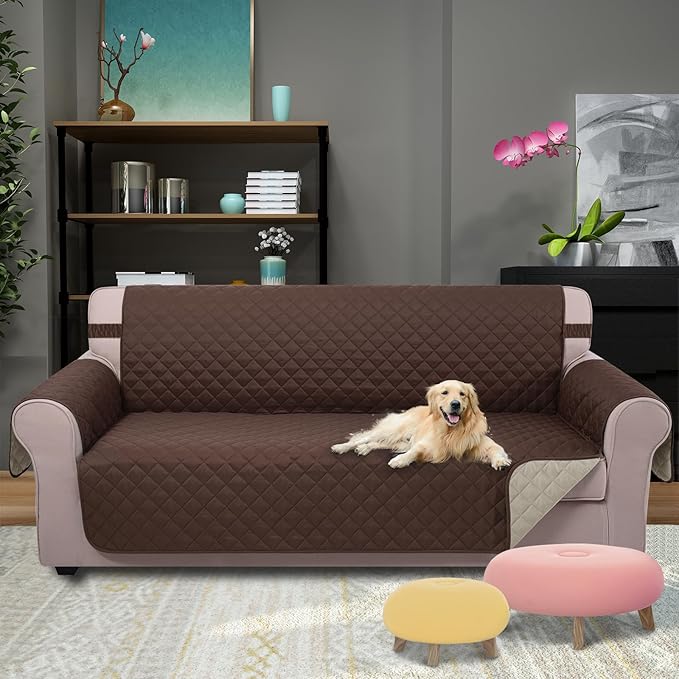 U-NICE HOME Reversible Sofa Cover Couch Cover for Dogs with Elastic Straps Water Repellent Furniture Protector for Pets Couch Cover for 3 Cushion Couch (Sofa, Coffee/Beige) (Pack of 2) - Image 2