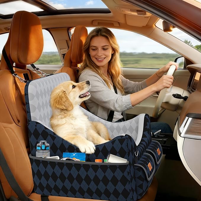 Dog Car Seat for Small/Medium Dogs up to 35lbs, 4-Pocket Storage Memory Foam Dog Booster Seat, Detachable Washable Pet Car Seat with Safety Belt, Outdoor & Indoor Use (Dark Blue/Black) - Image 4