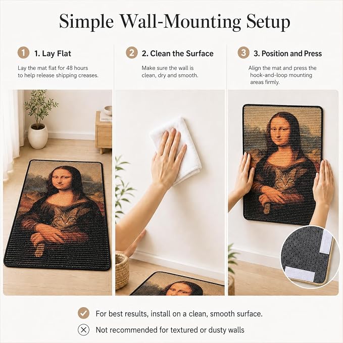 Art Sisal Cat Scratcher Mat, Cat Wall Scratchers for Indoor Cats | Wall Mounted Cat Scratcher, Natural Sisal, No-Drill Hook & Loop Setup, Floor or Wall Use, 23.6 x 15.7 Inch, Mona Lisa - Image 9