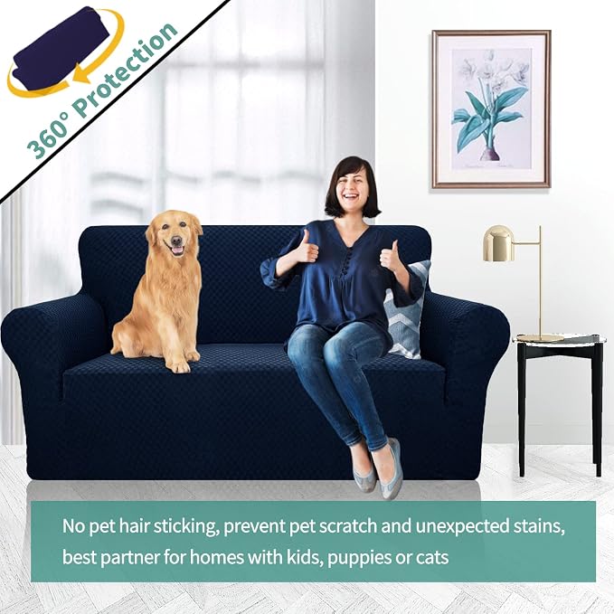 YEMYHOM Couch Cover Latest Jacquard Design High Stretch Sofa Covers for 2 Cushion Couch, Pet Dog Cat Proof Loveseat Slipcover Non Slip Magic Elastic Furniture Protector (Loveseat, Navy) - Image 2