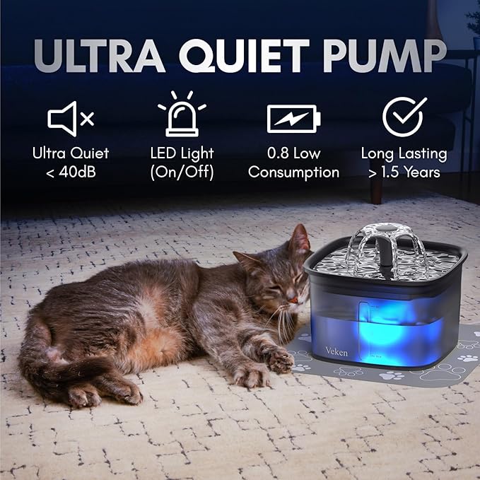 Veken Innovation Award Winner 95oz/2.8L Cat Water Fountain | Automatic Pet Fountain Dog Water Dispenser with Replacement Filters & Silicone Mat for Cats, Dogs (Space Black, Plastic) - Image 6