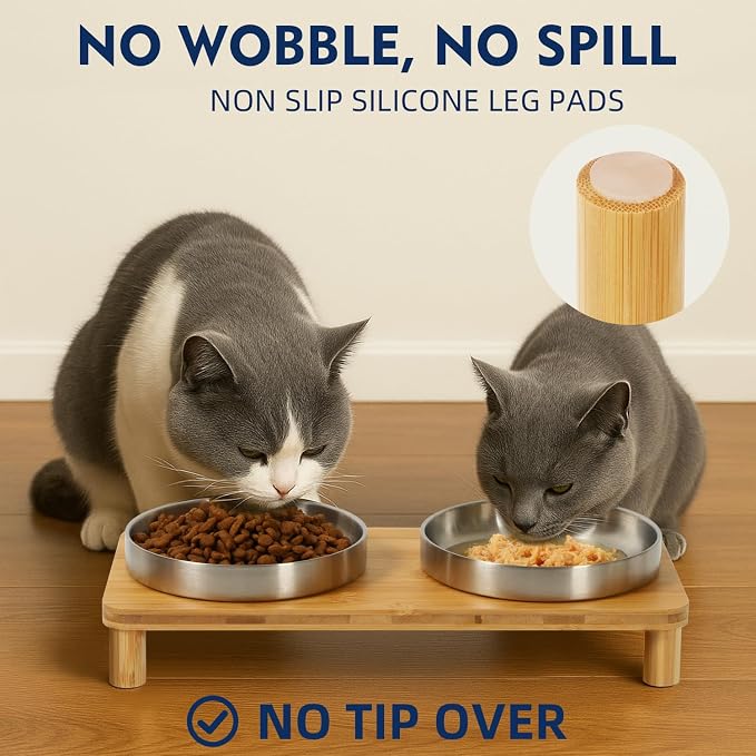 DoogCat Raised Cat Bowls, Bamboo Stand with 2 Stainless Steel Bowls | Adjustable Height, Whisker-Friendly Design, Food & Water Set, Stable Construction, Easy to Clean - Image 2