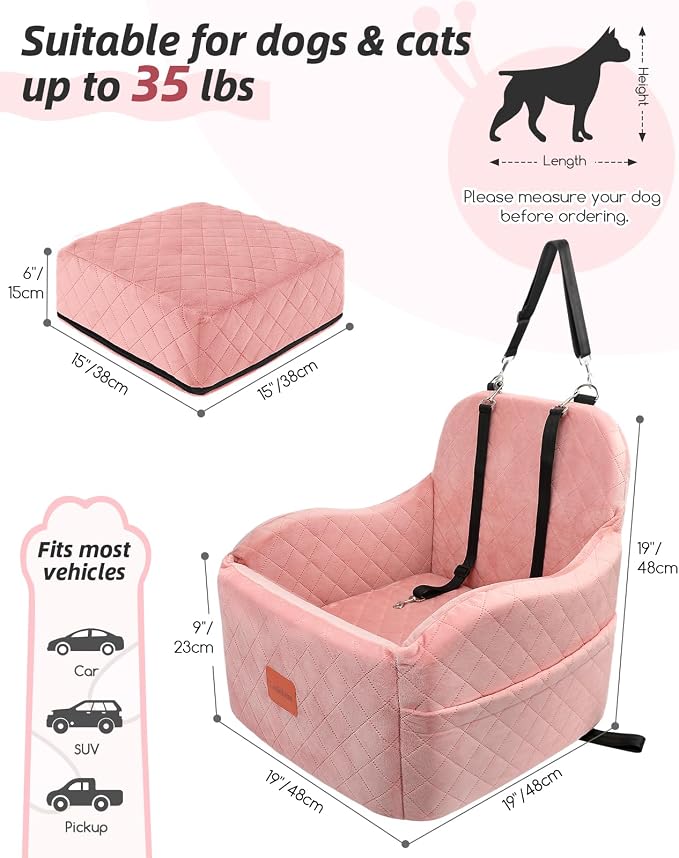 Lealchum Dog Booster Car Seat for Small/Medium Dogs,Soft Puppy Portable Car Seat with Elevated Cushion,Fits in Front/Back Seat,Fully Detachable and Washable,Easy to Install (Pink, Medium) - Image 2