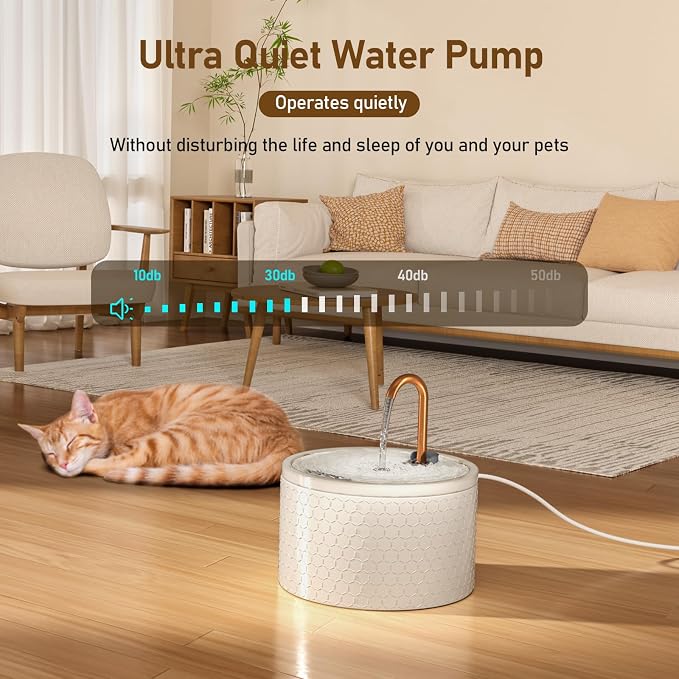 DOOOB Ceramic Cat Water Fountain, 2.1L/71oz Cat Fountain | Automatic Ceramic Water Fountain for Cats, Pet Fountain with Ultra-Quiet Pump and 3 Filters & 3 Sponges (Honeycomb Embossed) - Image 3
