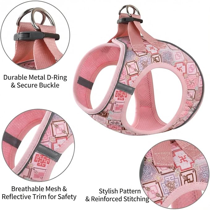 Mihqy Step in Dog Harness and Leash Set, Soft Breathable Mesh, Pink Grid,XS | Reflective, Adjustable No Pull Harnesses for Small Dogs Puppy and Cats, Lightweight Vest Harnesses, Fashion Floral Design - Image 3