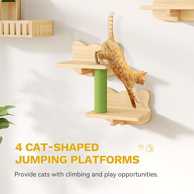 DWVO Solid Wood Cat Wall Shelves and Perches | Wall Mounted Cats Furniture Climbing Shelves for Large Cats with Scratching Posts, Steps, Runway, Scratching Board - Image 8